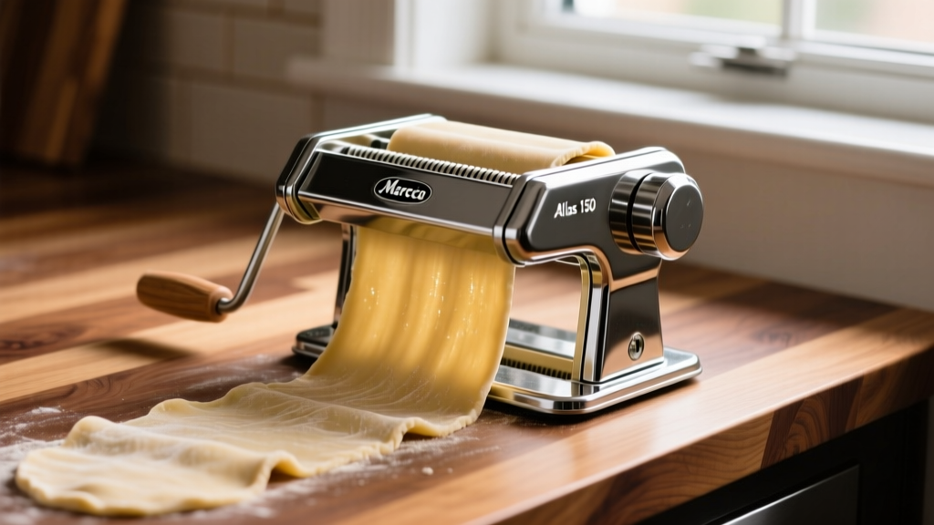 Marcato Atlas 150 pasta maker clamped to an oak counter with fresh semolina dough feeding through anodized aluminum rollers