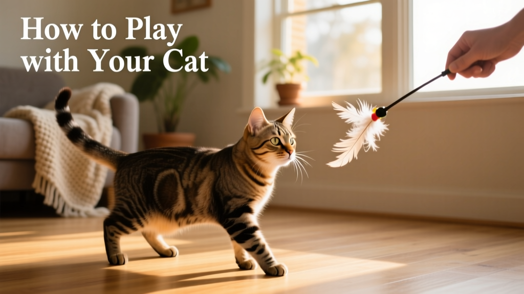 A cat intently stalking a feather wand toy held by a hand just out of frame