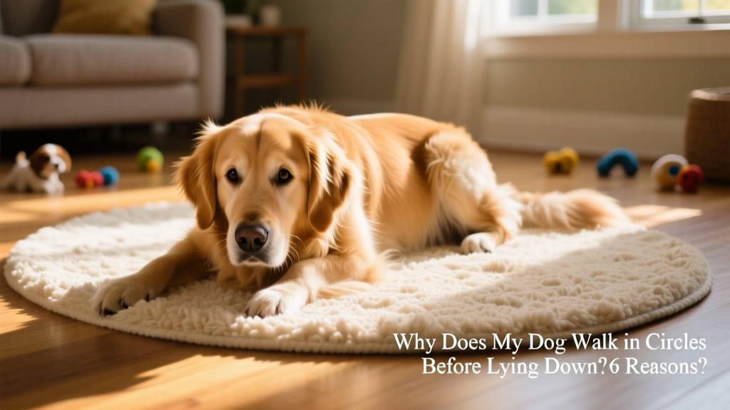 Close-up of a golden retriever gently circling on a soft rug before lying down