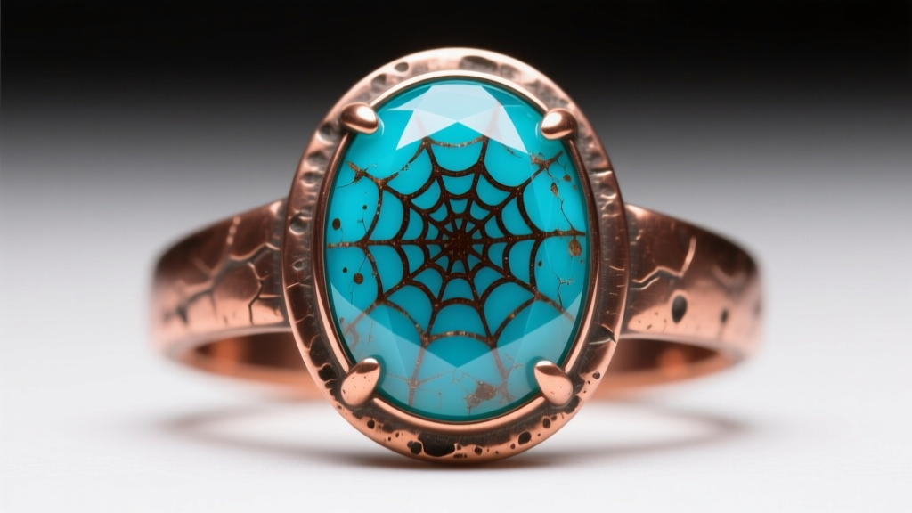 Macro shot of turquoise cabochon in a textured copper bezel, revealing dark brown spiderweb matrix and natural surface pitting.