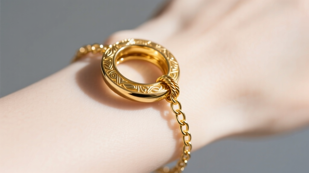 Macro shot of an oversized 18k yellow gold decorative spring ring clasp connecting a delicate cable chain bracelet on a bare wrist