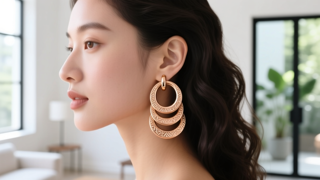 Side profile of a woman wearing a triple stack of textured 14k rose gold huggie hoops on her helix cartilage in natural daylight