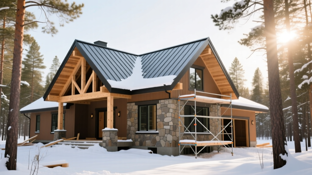Modern two-story craftsman home with steep metal roof and stone veneer under construction in a snowy Minnesota pine forest