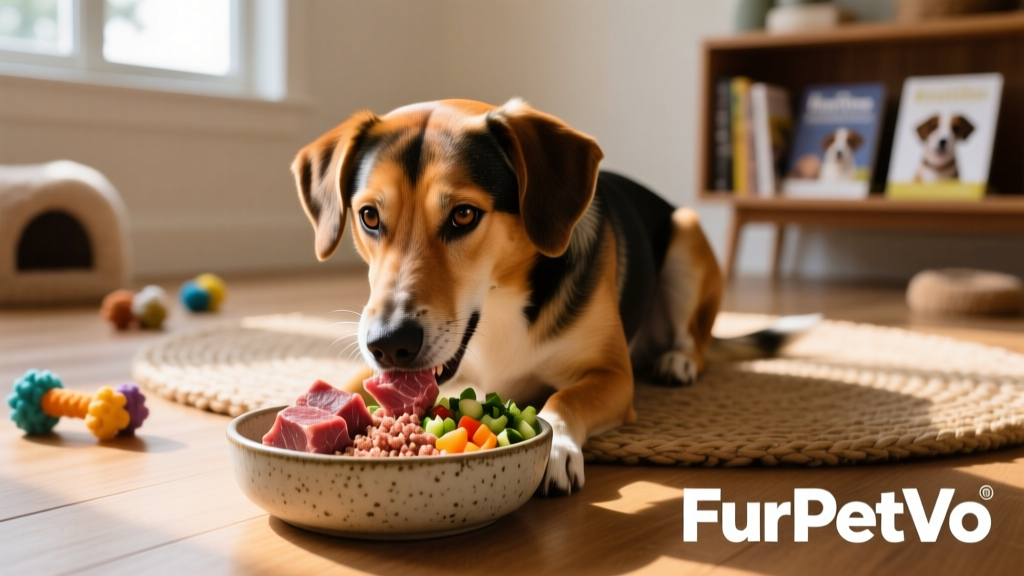 A healthy adult dog enjoying a balanced, vet-approved meal from FurPetVo