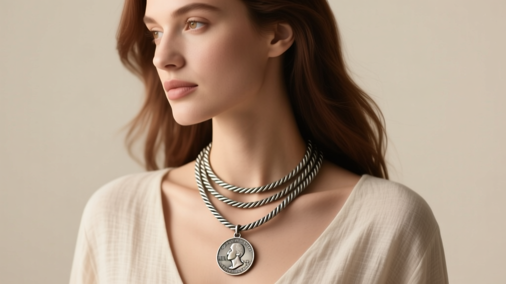 Woman wearing a layered necklace stack with a 24-inch oxidized silver rope chain holding a Morgan dollar pendant over linen.