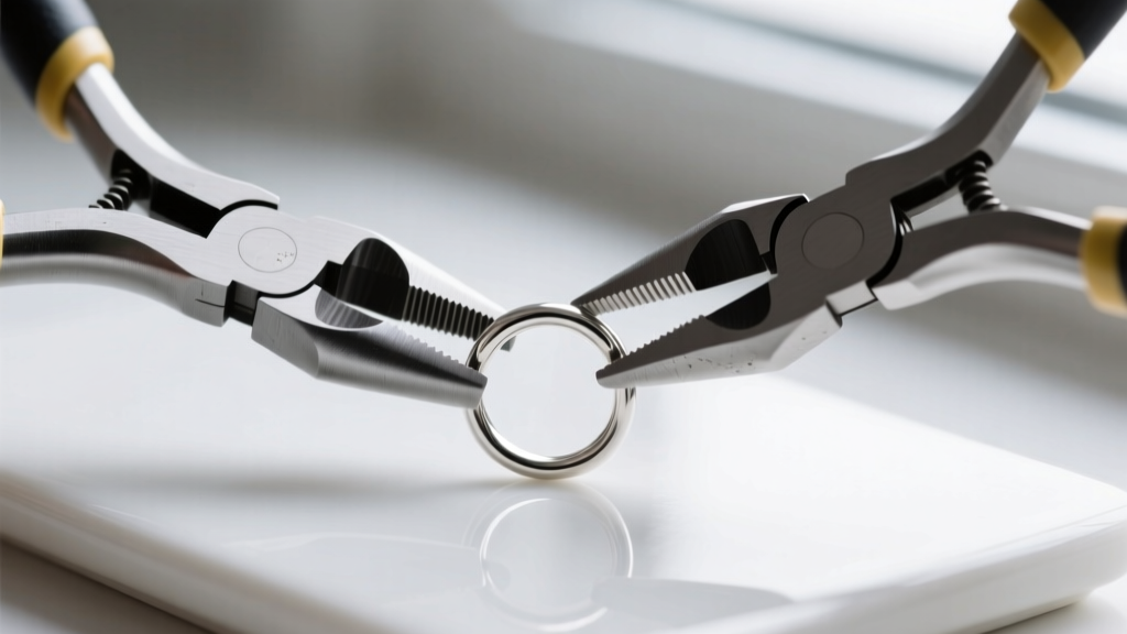 Two pairs of flat-nose jewelry pliers gently twisting open a 20-gauge sterling silver jump ring on a clean white ceramic workspace