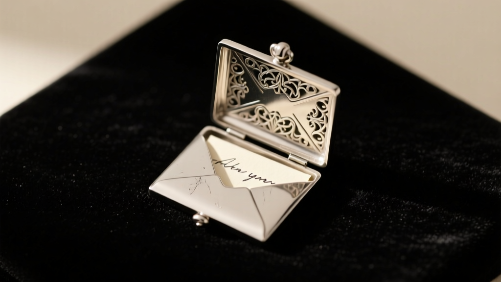 Sterling silver envelope locket slightly open to reveal a tiny note, resting on dark velvet under soft, warm directional lighting.