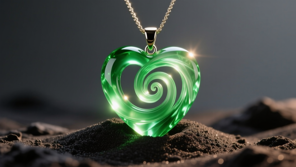 Glowing translucent green resin Heart of Te Fiti spiral pendant resting on dark sand, illuminated by soft warm studio lighting