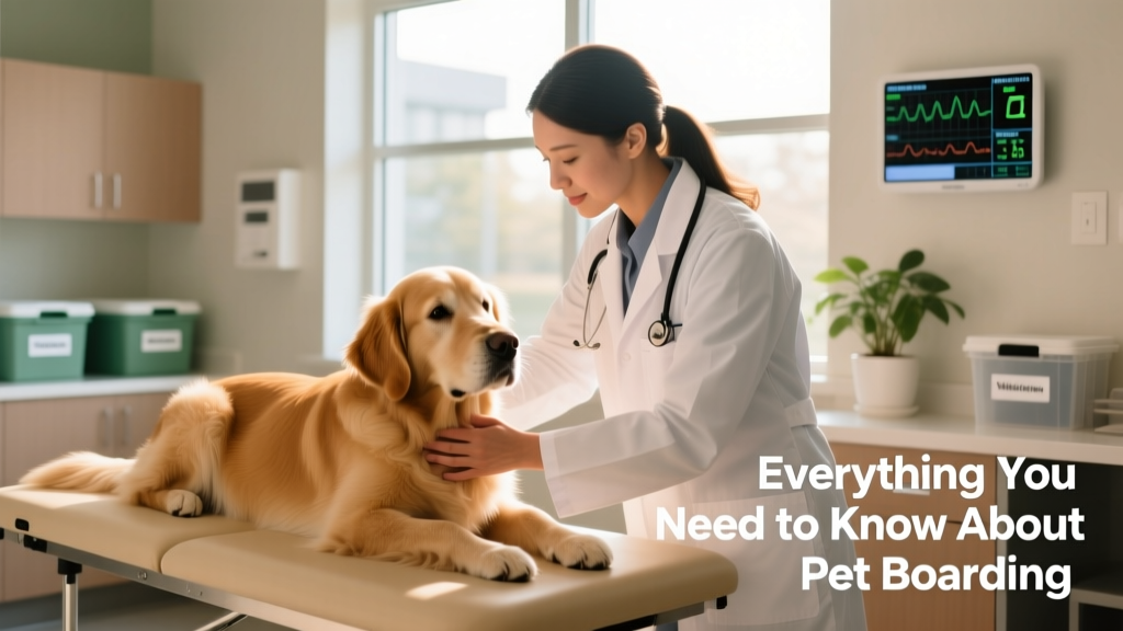 A gentle veterinarian checking a calm dog’s vitals during a routine boarding wellness check