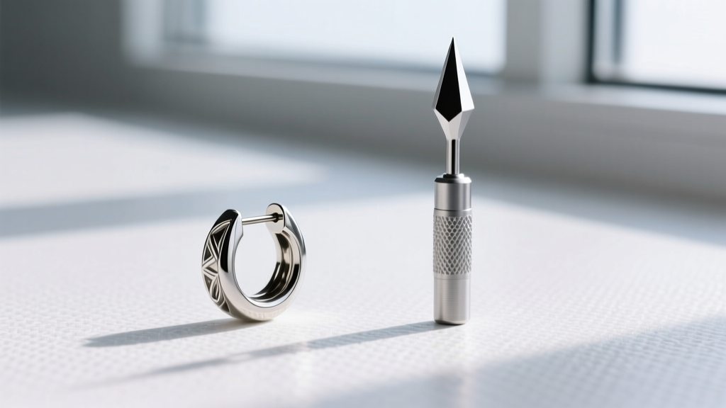 Flat lay comparison of a blunt 20-gauge fashion earring post next to a sharp tri-bevel 18-gauge hollow piercing needle