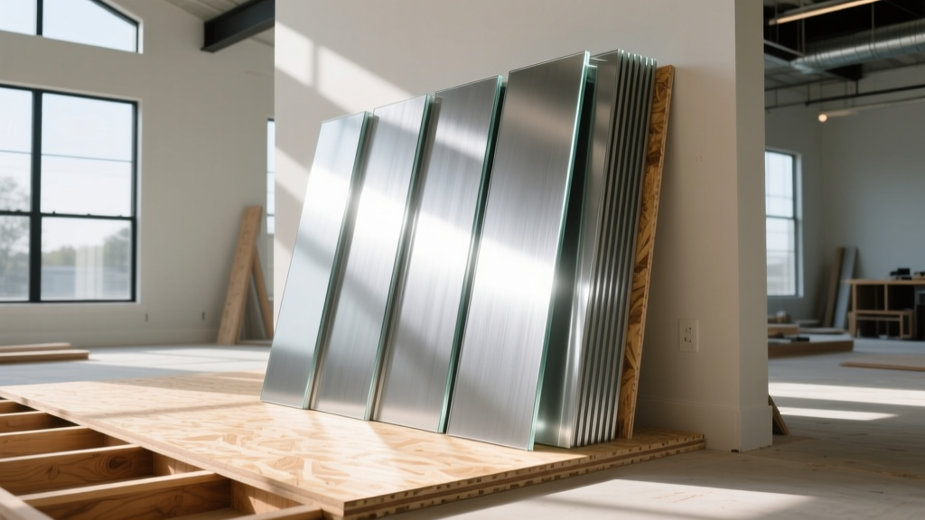 Silver glass-mat gypsum panels stacked next to resin-treated OSB subflooring on a bright, modern residential framing site.