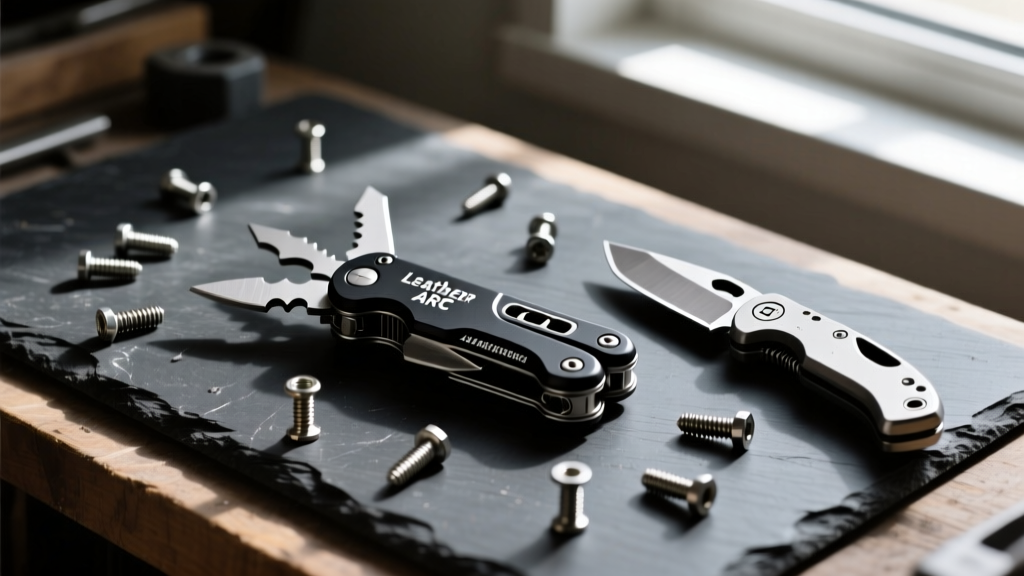 Flat lay of Leatherman ARC multi-tool next to a Gerber Suspension on a dark slate workbench with scattered titanium screws