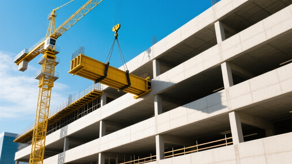 Multi-level precast concrete parking garage under construction with yellow cranes lifting structural beams against a clear sky