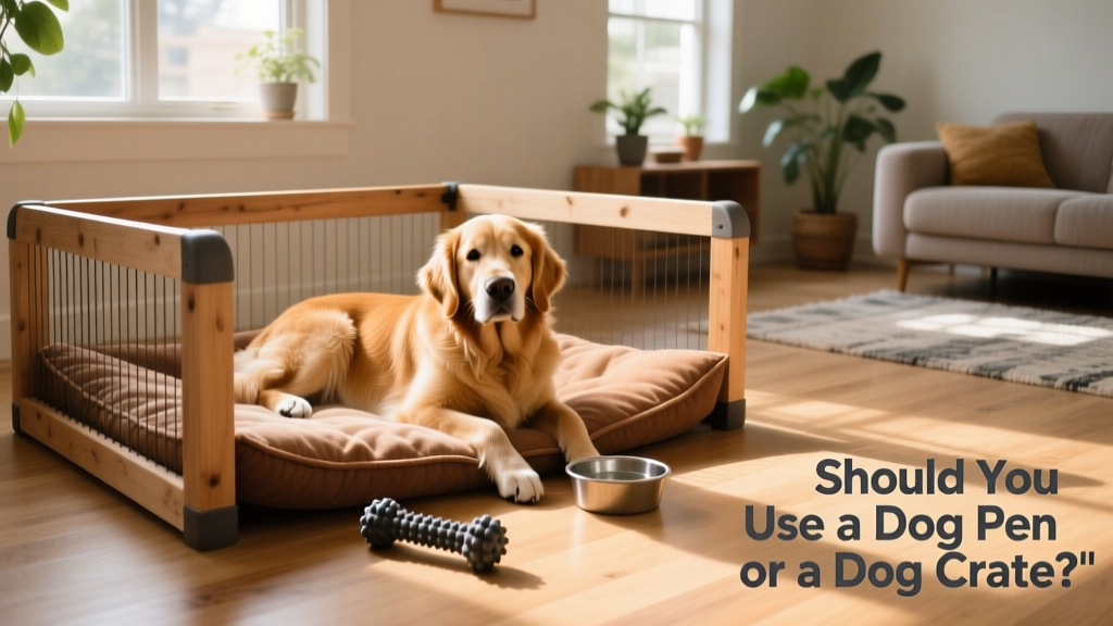 A calm, well-adjusted dog resting comfortably inside a spacious, open-top dog pen with soft bedding and a chew toy nearby