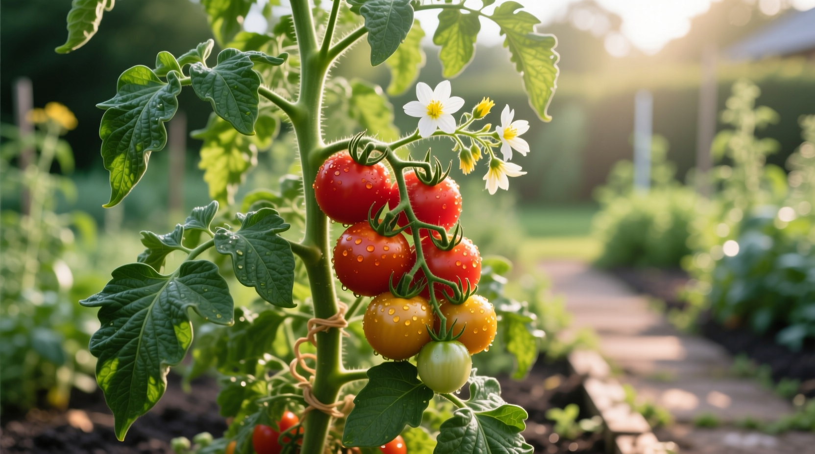 Tomato plant with ripe fruit and flowers