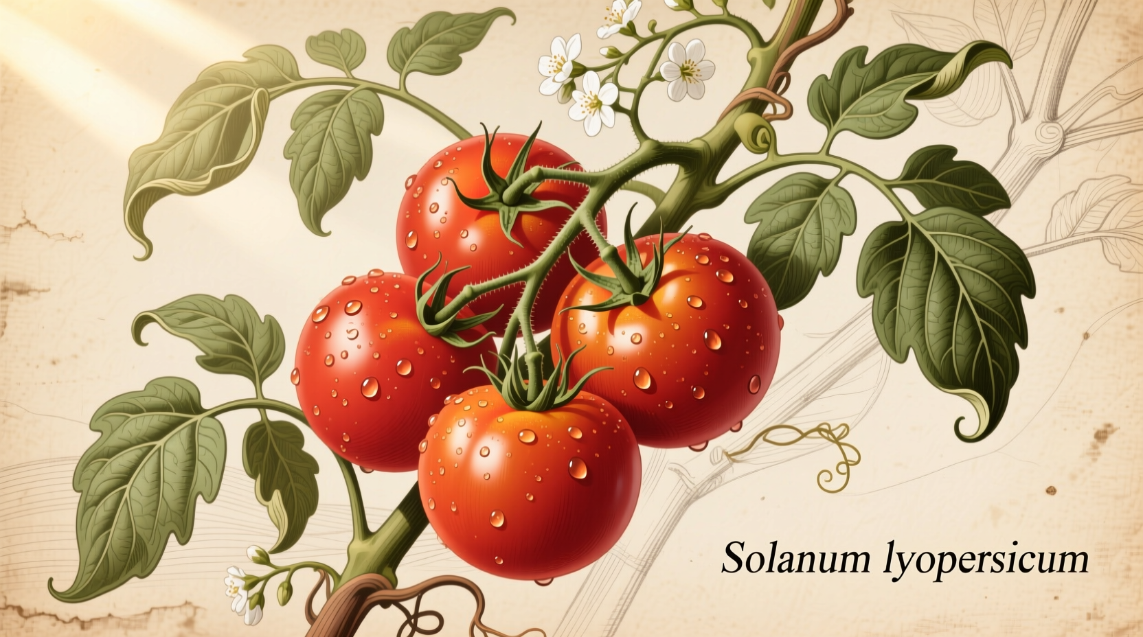 Fresh red tomatoes on vine with leaves