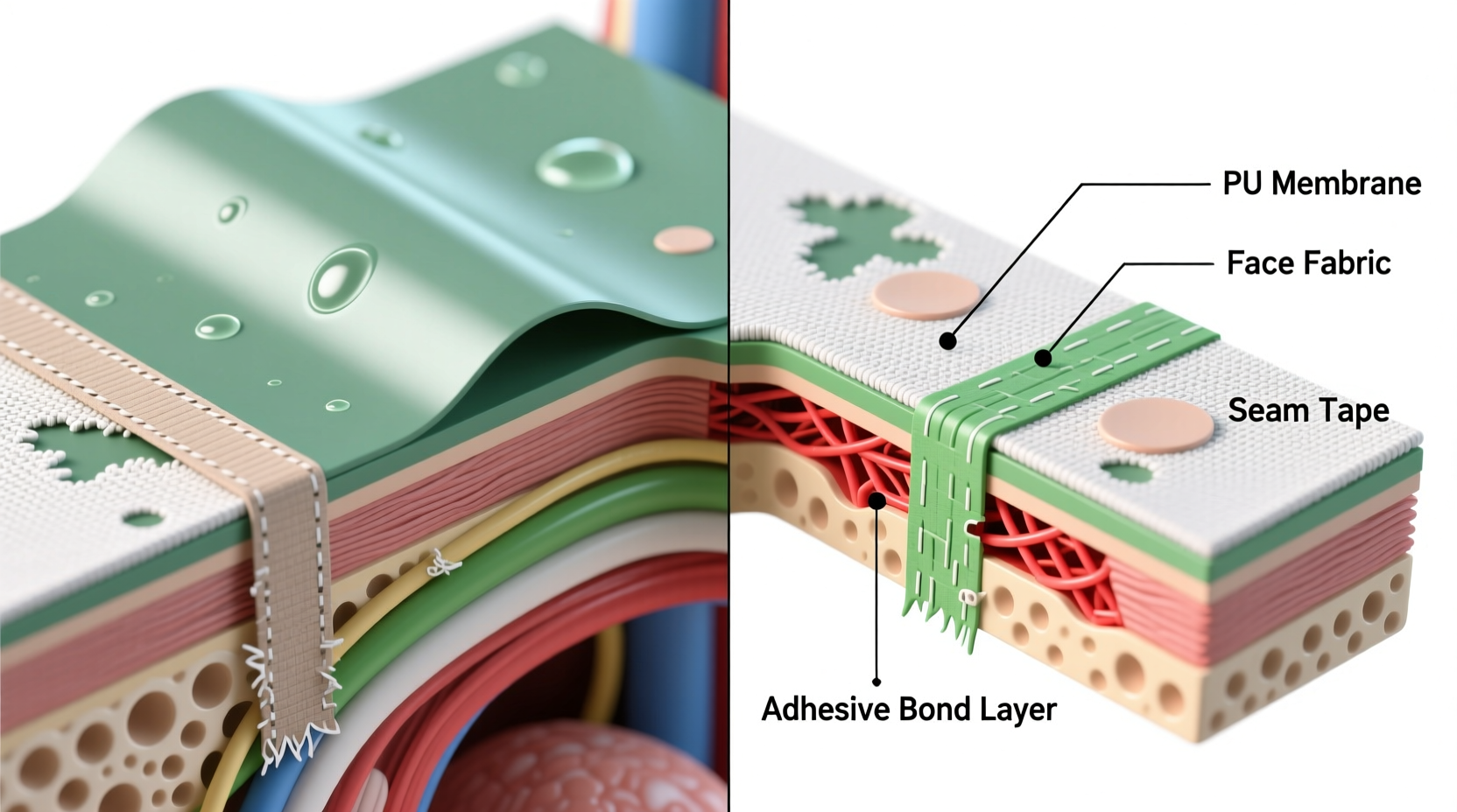Close-up cross-section diagram showing intact PU membrane bonded to face fabric and taped seam, contrasted with delaminated version where membrane has separated and seam tape has lifted at edges