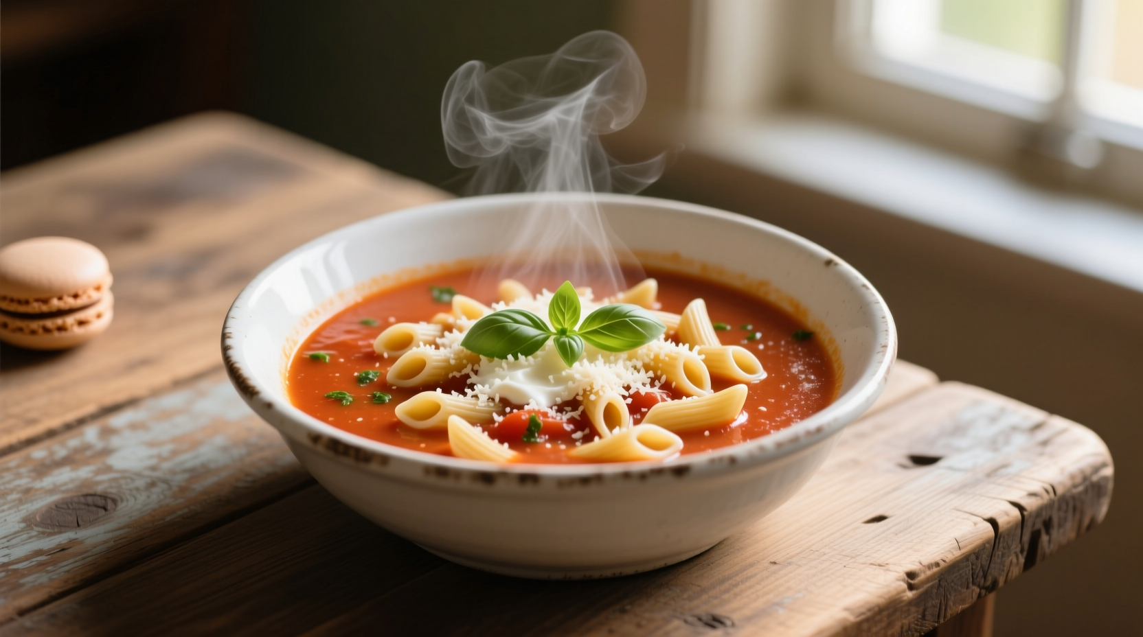 Homemade macaroni and tomato soup in white bowl