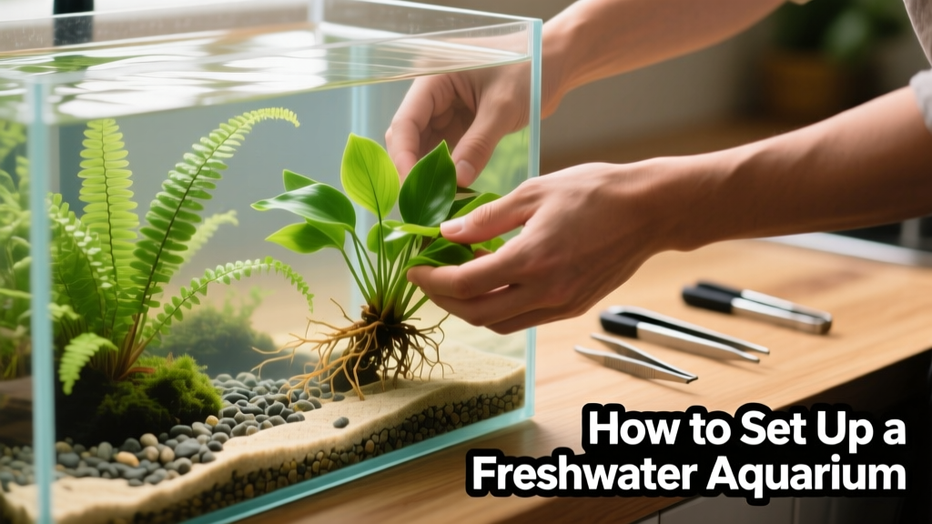 Hands carefully placing live plants into a newly set-up aquarium with clear water and visible substrate layer