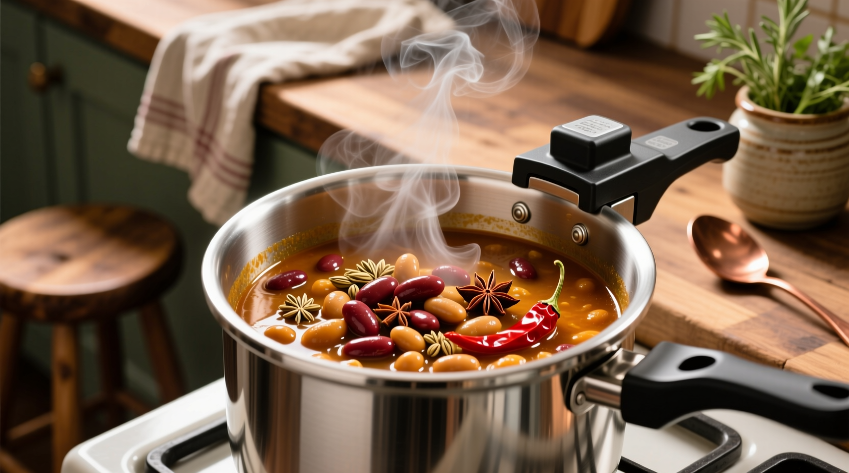 Pressure cooker with cooked beans and spices