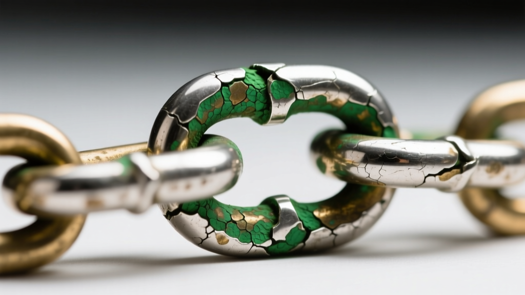 Macro shot of a tarnished silver-plated brass chain link revealing green oxidation near the clasp under bright studio lighting.