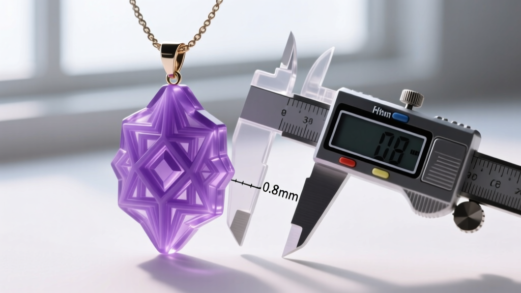 Close-up of a purple resin 3D-printed wax model of a custom pendant necklace beside a digital caliper measuring thickness