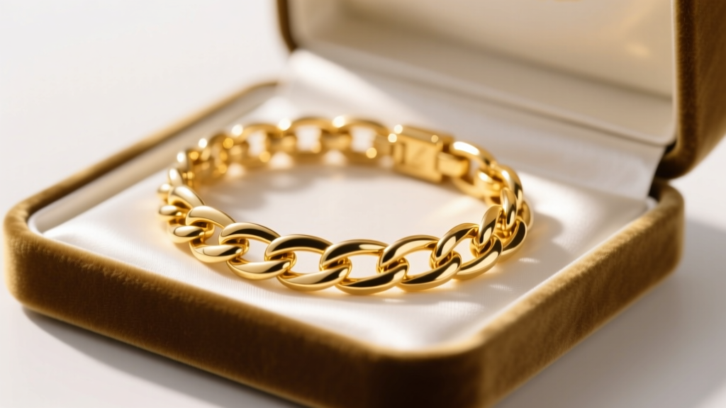 Open velvet box showing a 14k yellow gold link bracelet on white satin, warm light highlighting the polished metal links
