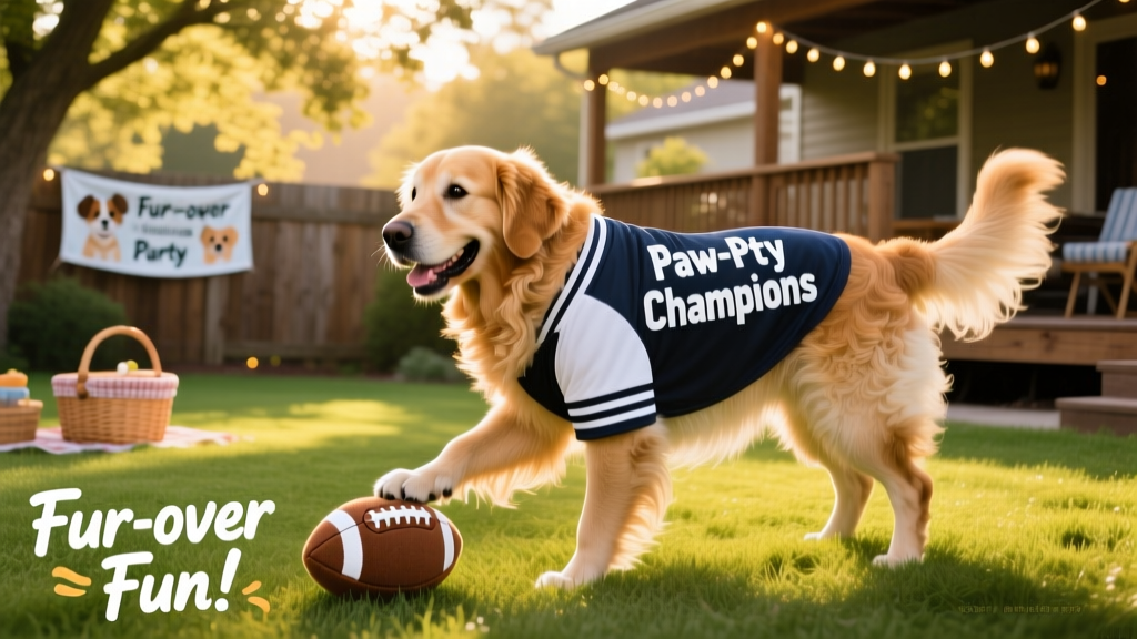 A happy dog wearing a soft, personalized team jersey and playing with a football-shaped plush toy