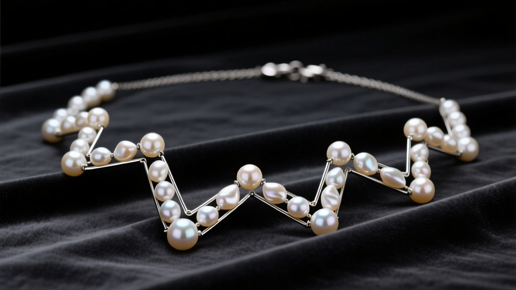 Asymmetric baroque pearls on titanium wire forming a zigzag pearl necklace on charcoal velvet under soft studio lighting.