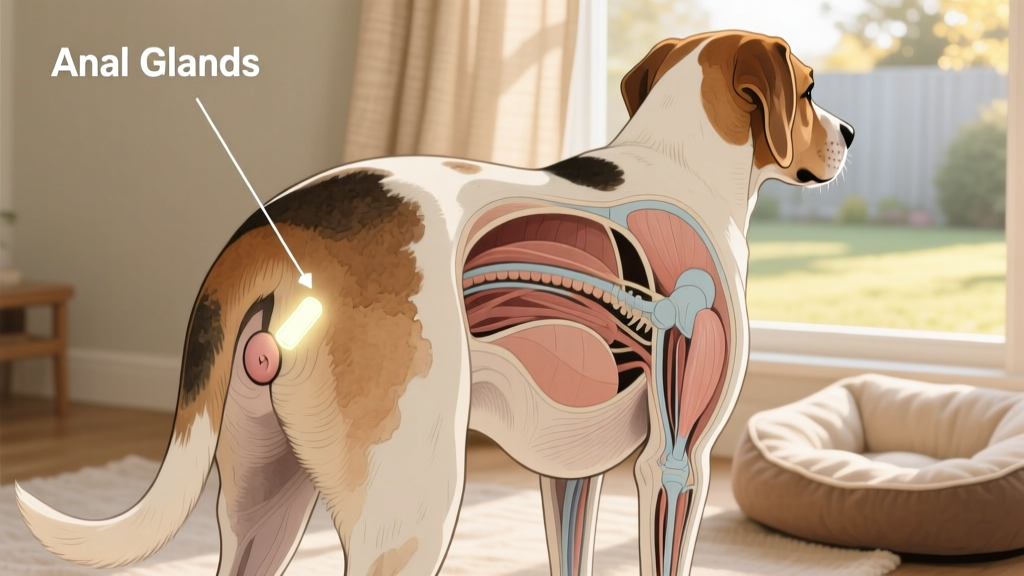 Side-view illustration of a dog's anatomy highlighting the location of anal glands near the anus