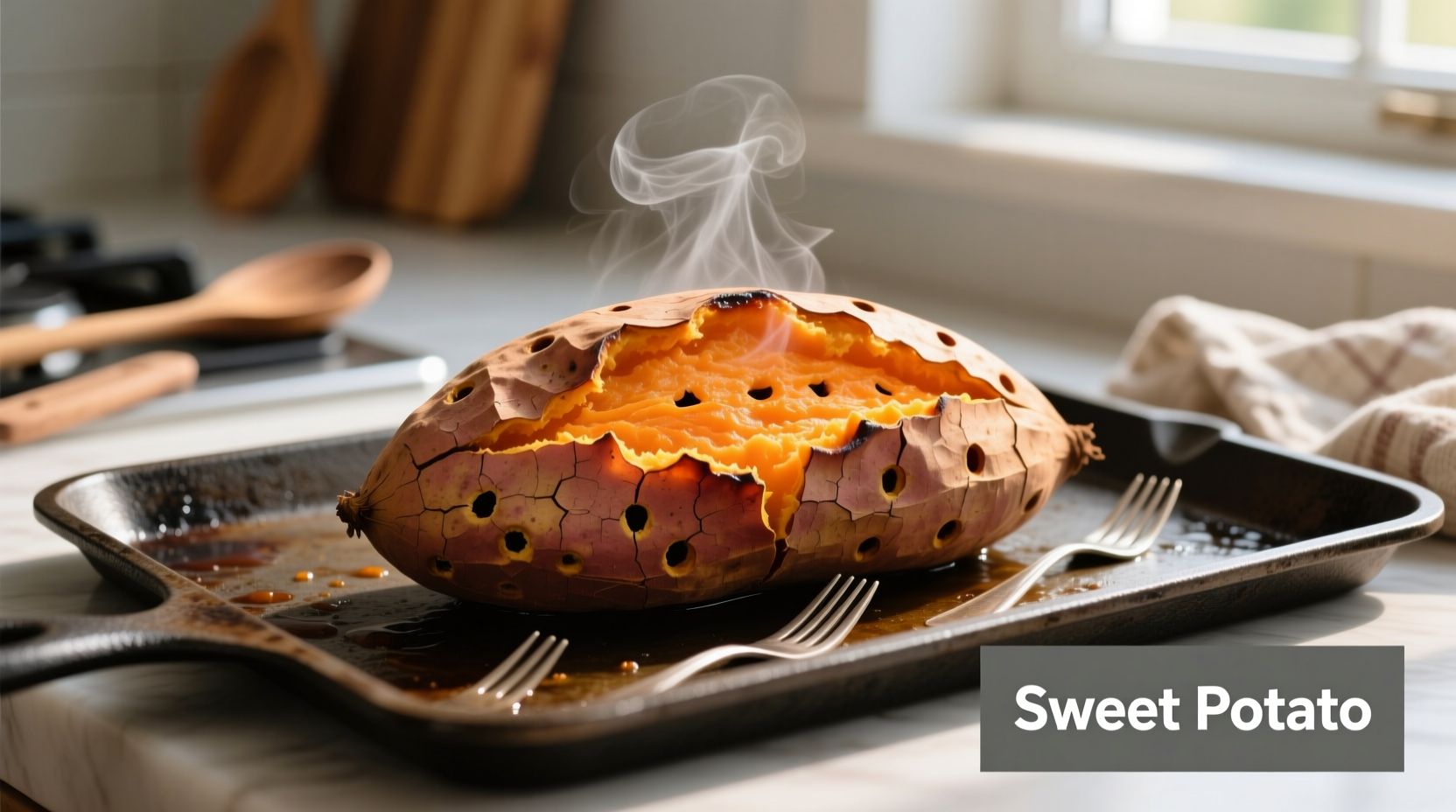 Fresh sweet potatoes on baking sheet with fork piercings