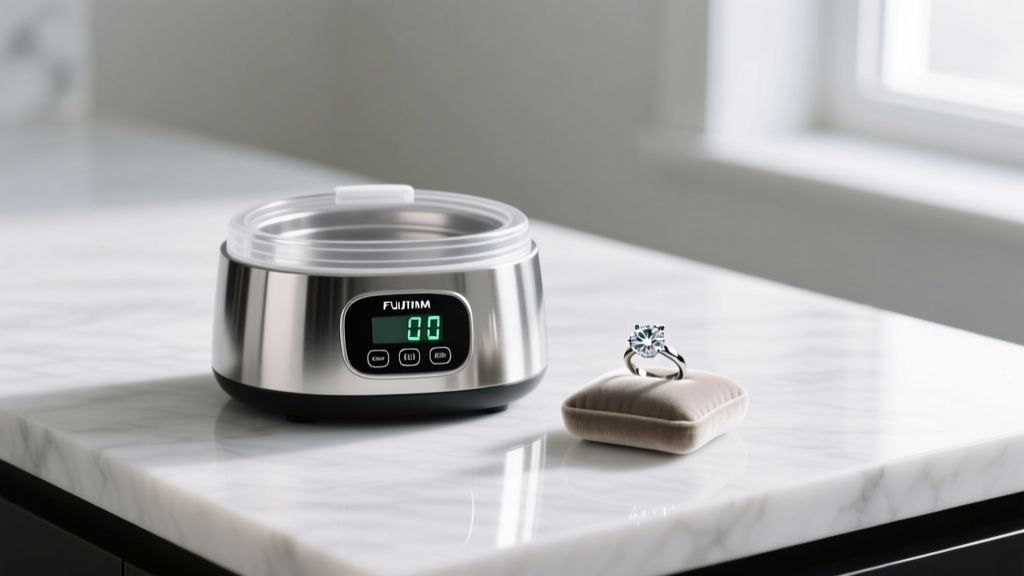 Stainless steel ultrasonic professional jewelry cleaner with digital timer on marble counter beside a bright diamond solitaire ring.