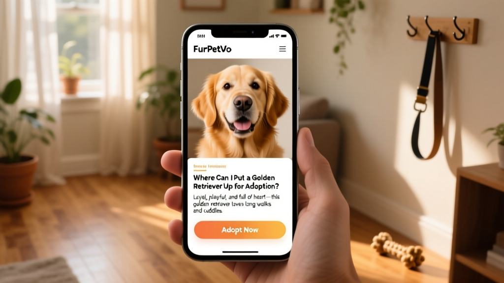 Screenshot-style mockup showing a warm, well-lit FurPetVo pet profile page with photo, bio, and 'Adopt Now' button