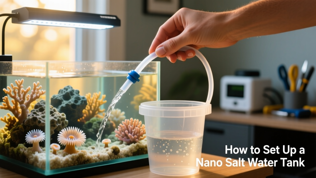 Hand performing a partial water change in a nano tank using a siphon and clean bucket