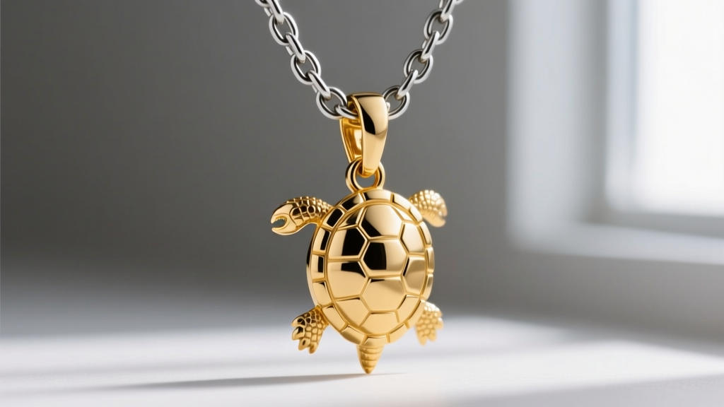 A 1.2mm stainless steel rolo chain threaded through a heavy gold vermeil turtle pendant, showing a secure lobster clasp mechanism.