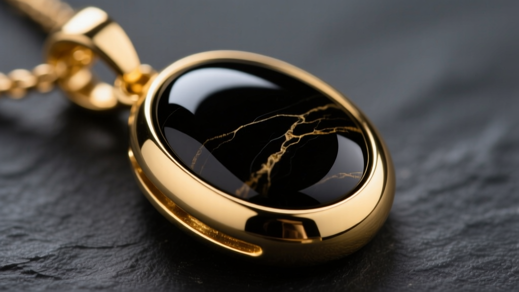 Macro shot of 14k yellow gold bezel holding a flat-cut black onyx cabochon pendant on dark slate, soft directional lighting.
