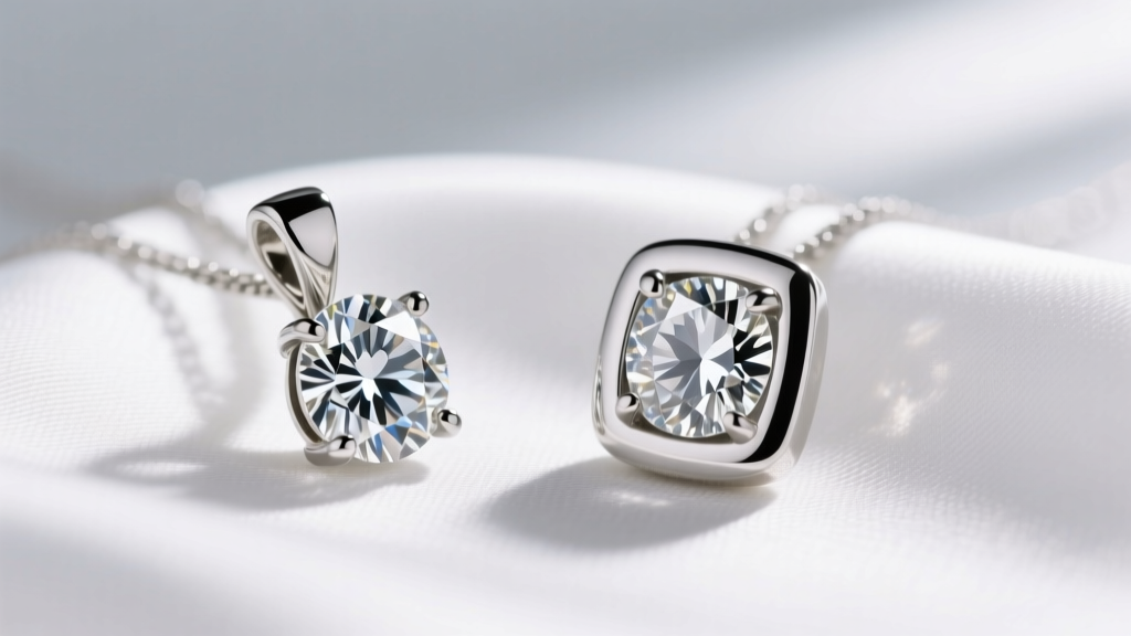 Macro photo comparing a four-prong diamond solitaire pendant next to a sleek bezel-set diamond pendant on white silk fabric.