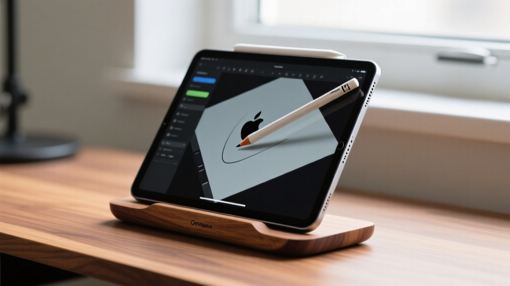iPad Pro M4 resting on a walnut Grovemade desk stand with an Apple Pencil Pro hovering over a digital canvas