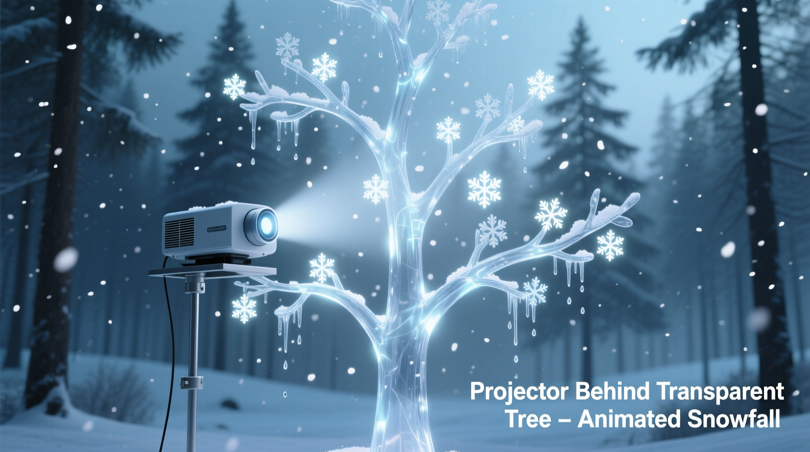 how to mount a projector behind a transparent tree to cast animated snowfall