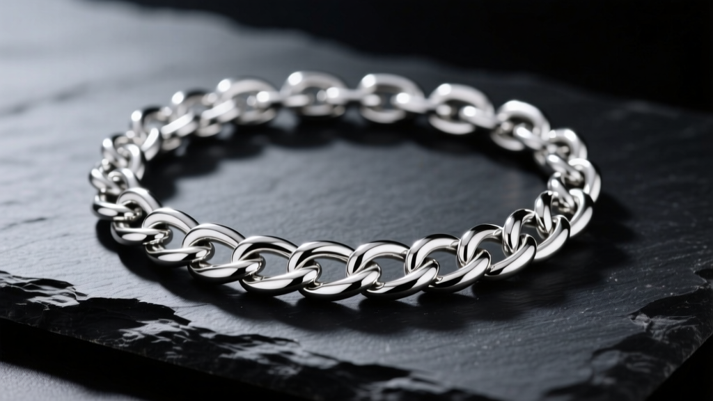 Macro photo of a polished 925 sterling silver curb chain on dark slate, reflecting soft studio lighting and high contrast shadows.