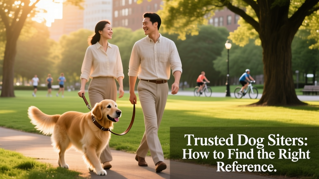 Two dog sitters walking a relaxed, leashed golden retriever in a sunny park