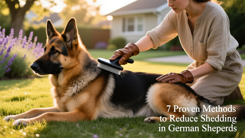 Person gently brushing a German Shepherd outdoors using a slicker brush