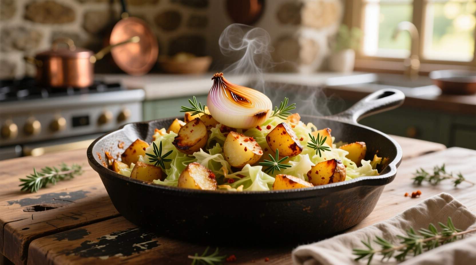 Crispy potato cabbage hash in cast iron skillet