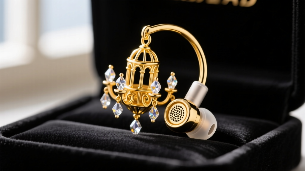 Macro shot of an 18-karat gold vermeil chandelier earbud with embedded micro-speakers, resting on black velvet jewelry display