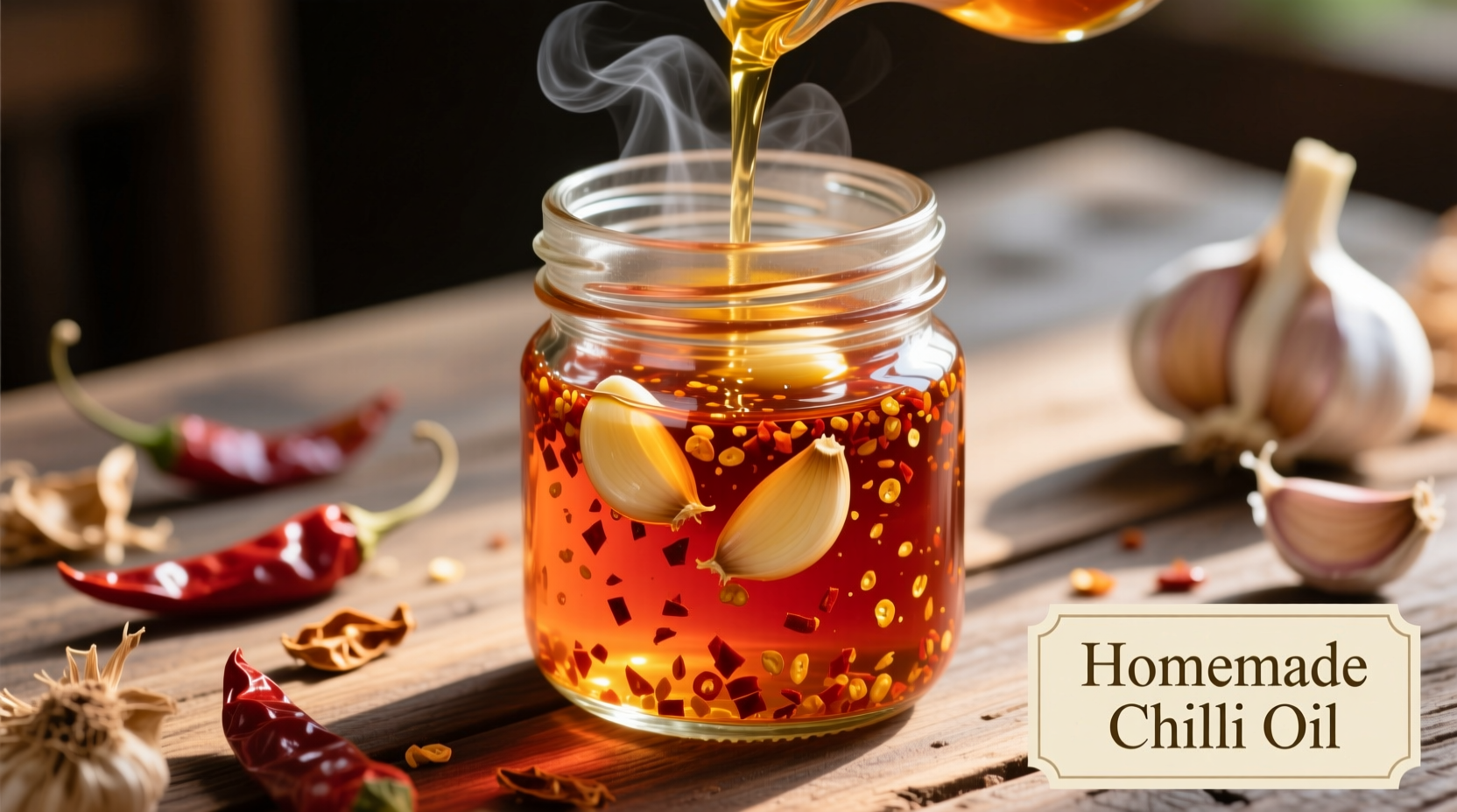 Homemade chilli oil with garlic in glass jar