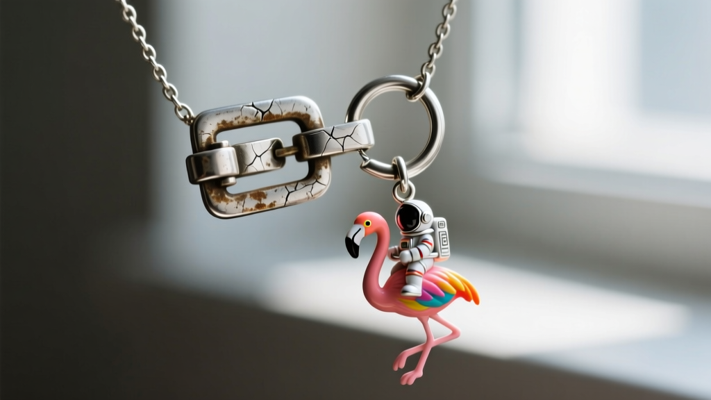 Macro photography of a tarnished silver necklace clasp and unsoldered jump ring pulled apart by the weight of a novelty pendant