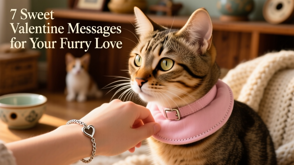 A tabby cat wearing a soft pink collar next to a human wrist adorned with a tiny heart-shaped bracelet