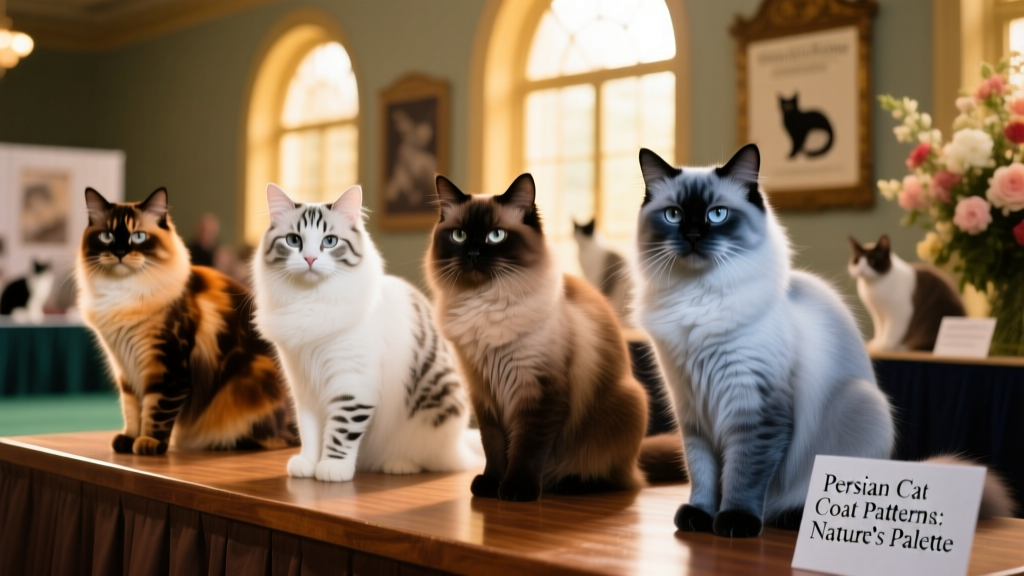 A lineup of Persian cats showing contrasting coat colors and patterns at a cat show
