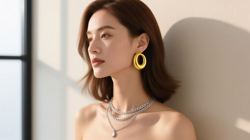 Woman wearing 14k yellow gold hoops and a layered sterling silver chain necklace, soft studio lighting, editorial.