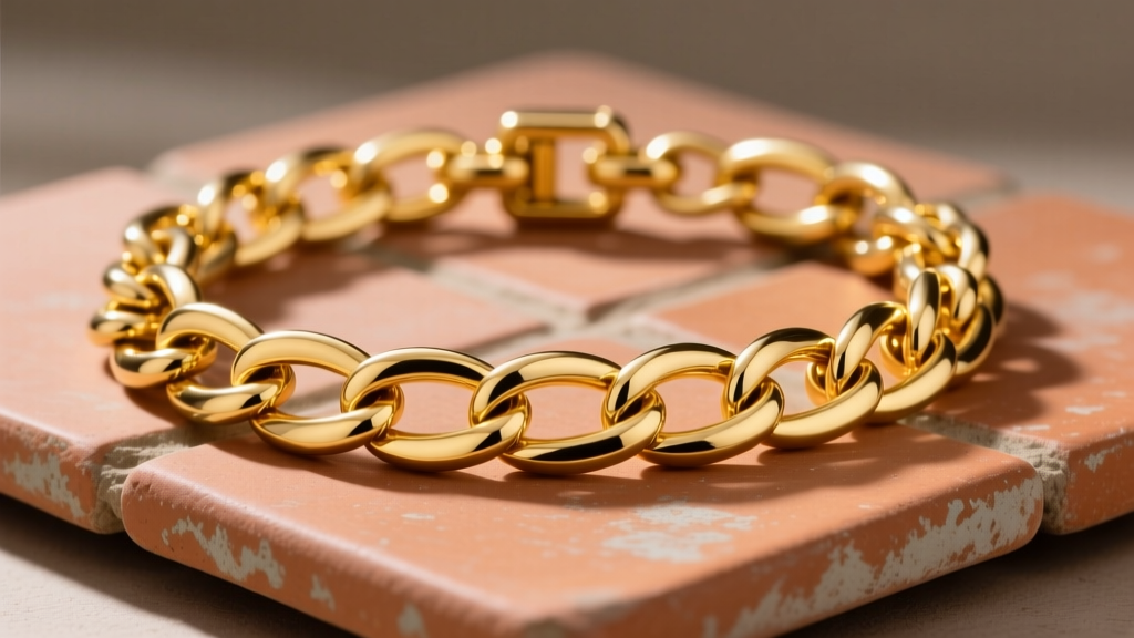 Polished 18k yellow gold cadena de eslabones on a terracotta tile, highlighting thick interlocking oval links and a secure clasp